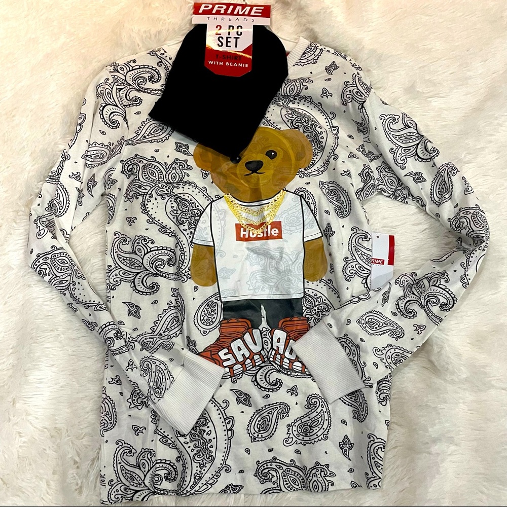 Prime White Bandana Hustle Bear Long Sleeve Shirt